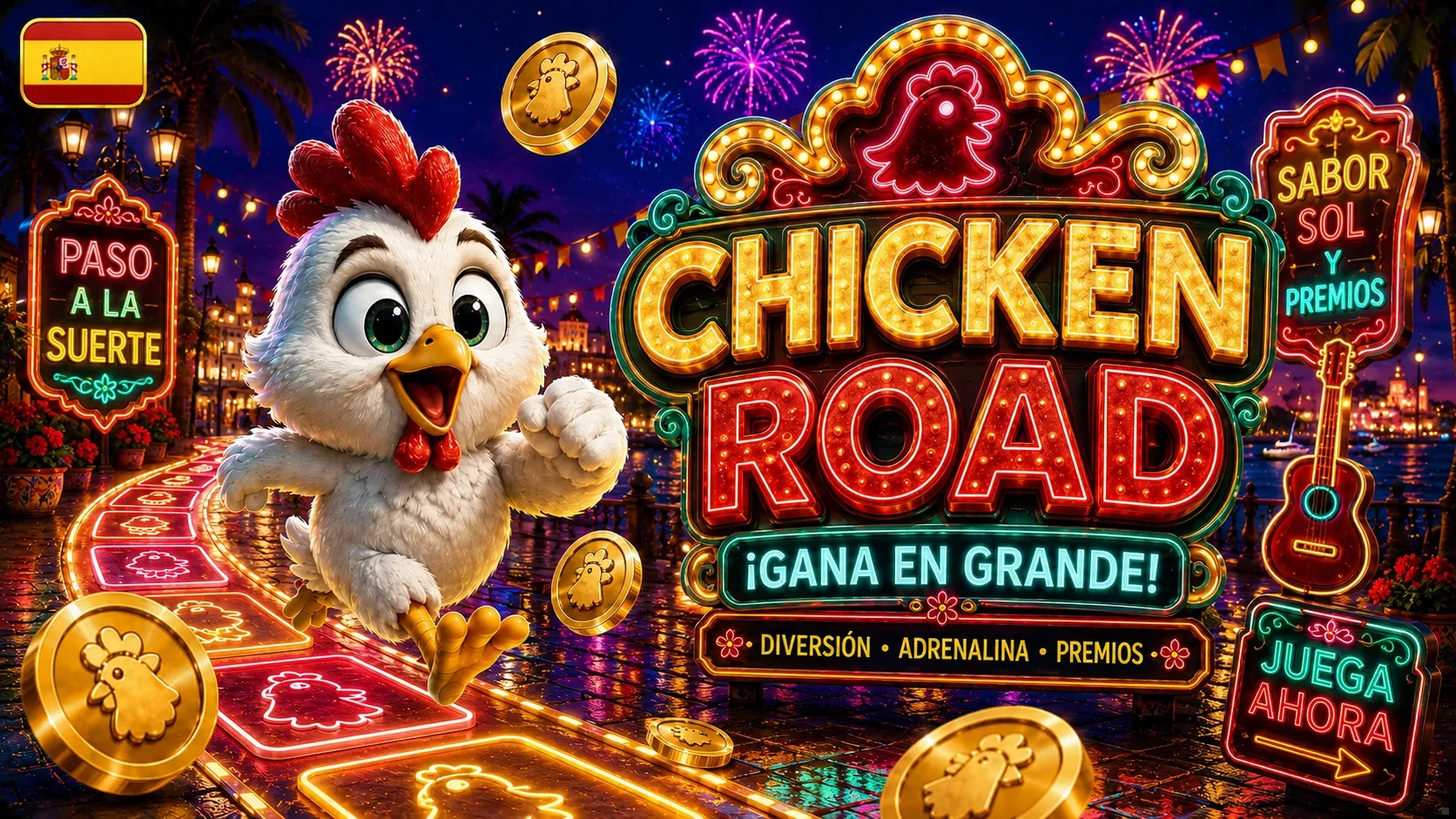 Chicken Road con estética de feria española y elementos promocionales visibles