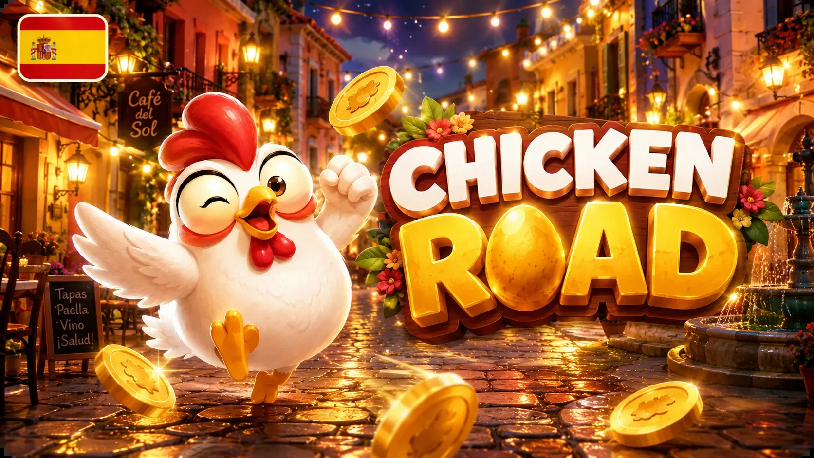 Chicken Road ambientado en una ciudad española con monedas en movimiento